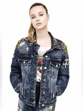 Guess Distressed Blue Denim Jacket with Gold Embroidery